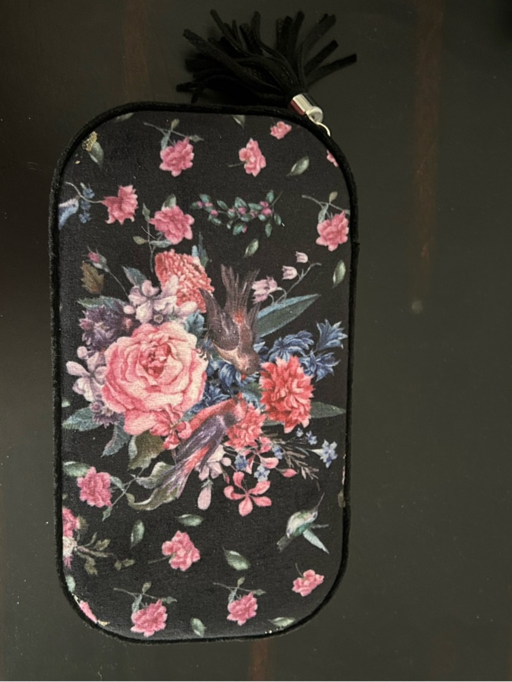 RACHEL Rachel Roy Black Floral Eyeglass Pouch with Pink and Blue Bouquet